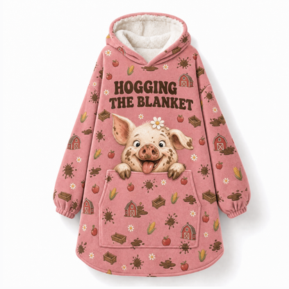 Hogging The Blanket Pig Hoodie Blanket – This Little Piggy Stayed Home, Sherpa Lined, Adult & Kids