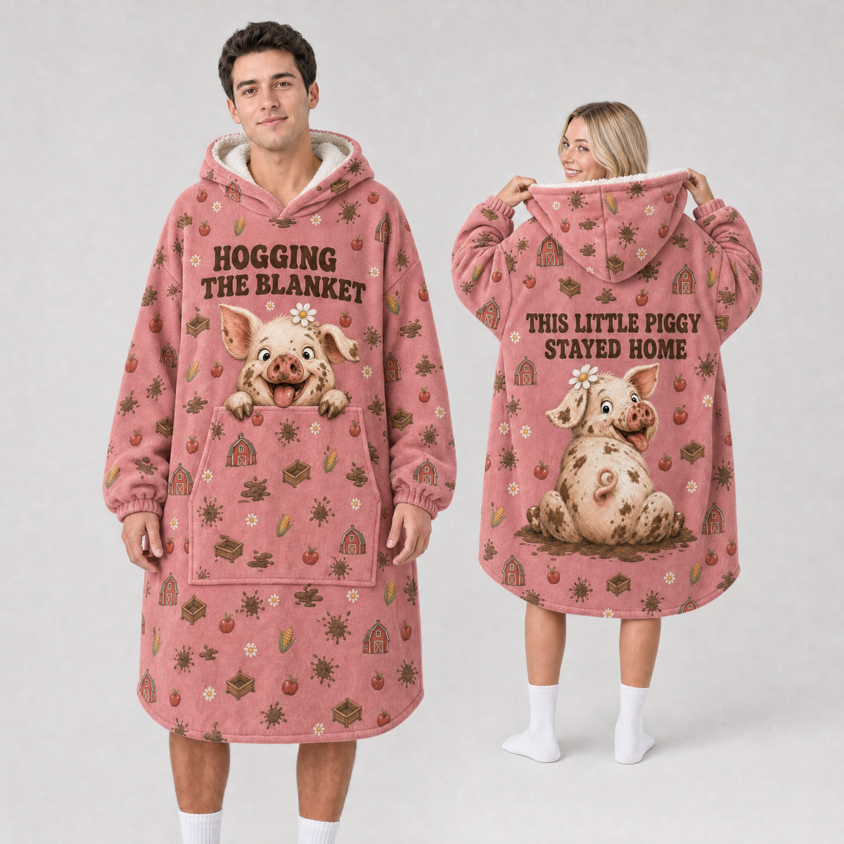 Hogging The Blanket Pig Hoodie Blanket – This Little Piggy Stayed Home, Sherpa Lined, Adult & Kids