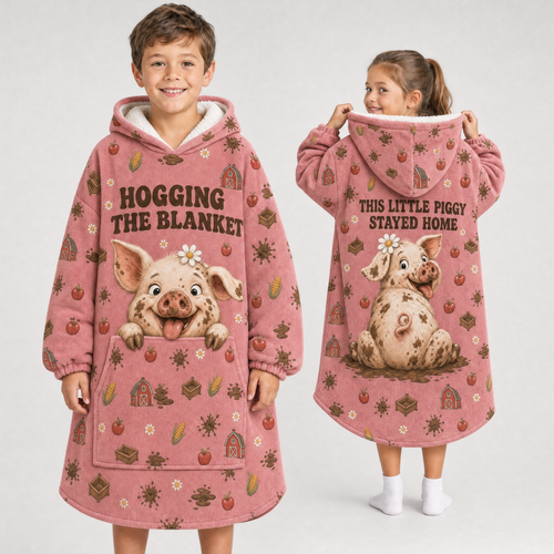 Hogging The Blanket Pig Hoodie Blanket – This Little Piggy Stayed Home, Sherpa Lined, Adult & Kids