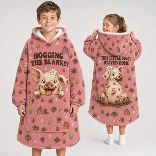 Hogging The Blanket Pig Hoodie Blanket – This Little Piggy Stayed Home, Sherpa Lined, Adult & Kids