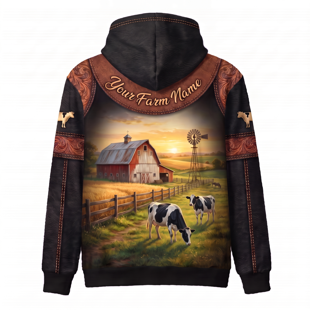 3D Print Holstein Cow Ranch Hoodie (Faux Leather Design) - Custom Name & Farm Name Western Style Hoodie