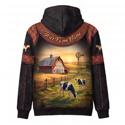 3D Print Holstein Cow Ranch Hoodie (Faux Leather Design) - Custom Name & Farm Name Western Style Hoodie