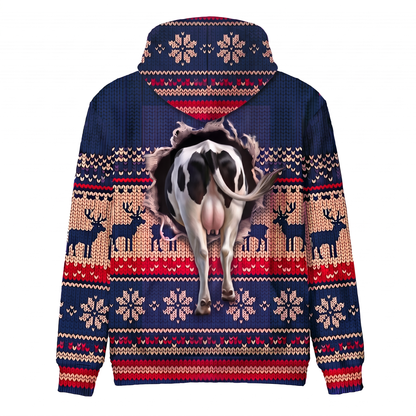Holstein Cow Christmas Hoodie | Funny Santa Cow Faux-Knit Print Hoodie | Farm Animal Christmas Gift