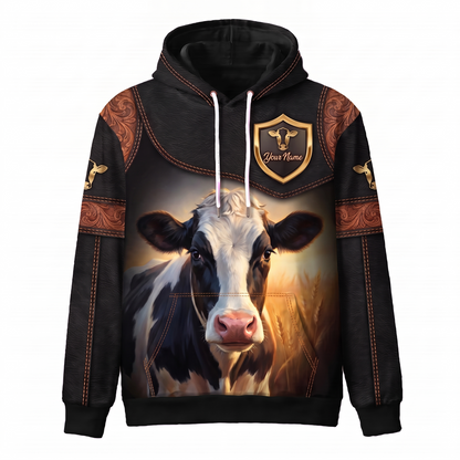 3D Print Holstein Cow Ranch Hoodie (Faux Leather Design) - Custom Name & Farm Name Western Style Hoodie