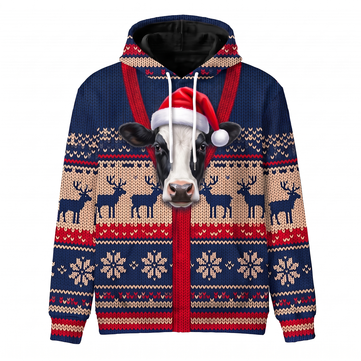 Holstein Cow Christmas Hoodie | Funny Santa Cow Faux-Knit Print Hoodie | Farm Animal Christmas Gift