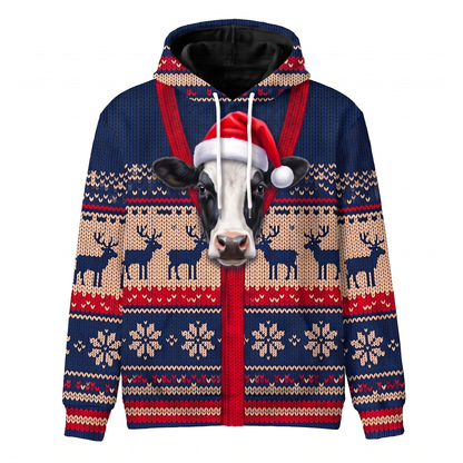 Holstein Cow Christmas Hoodie | Funny Santa Cow Faux-Knit Print Hoodie | Farm Animal Christmas Gift