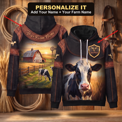 3D Print Holstein Cow Ranch Hoodie (Faux Leather Design) - Custom Name & Farm Name Western Style Hoodie