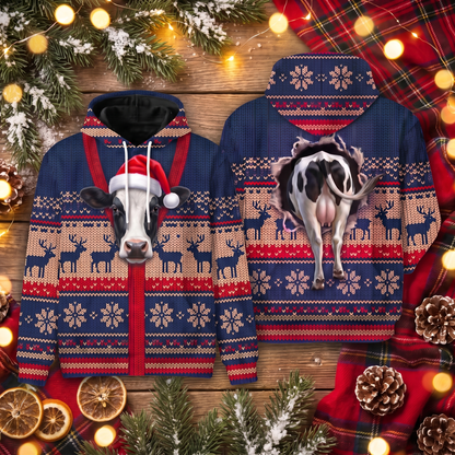 Holstein Cow Christmas Hoodie | Funny Santa Cow Faux-Knit Print Hoodie | Farm Animal Christmas Gift