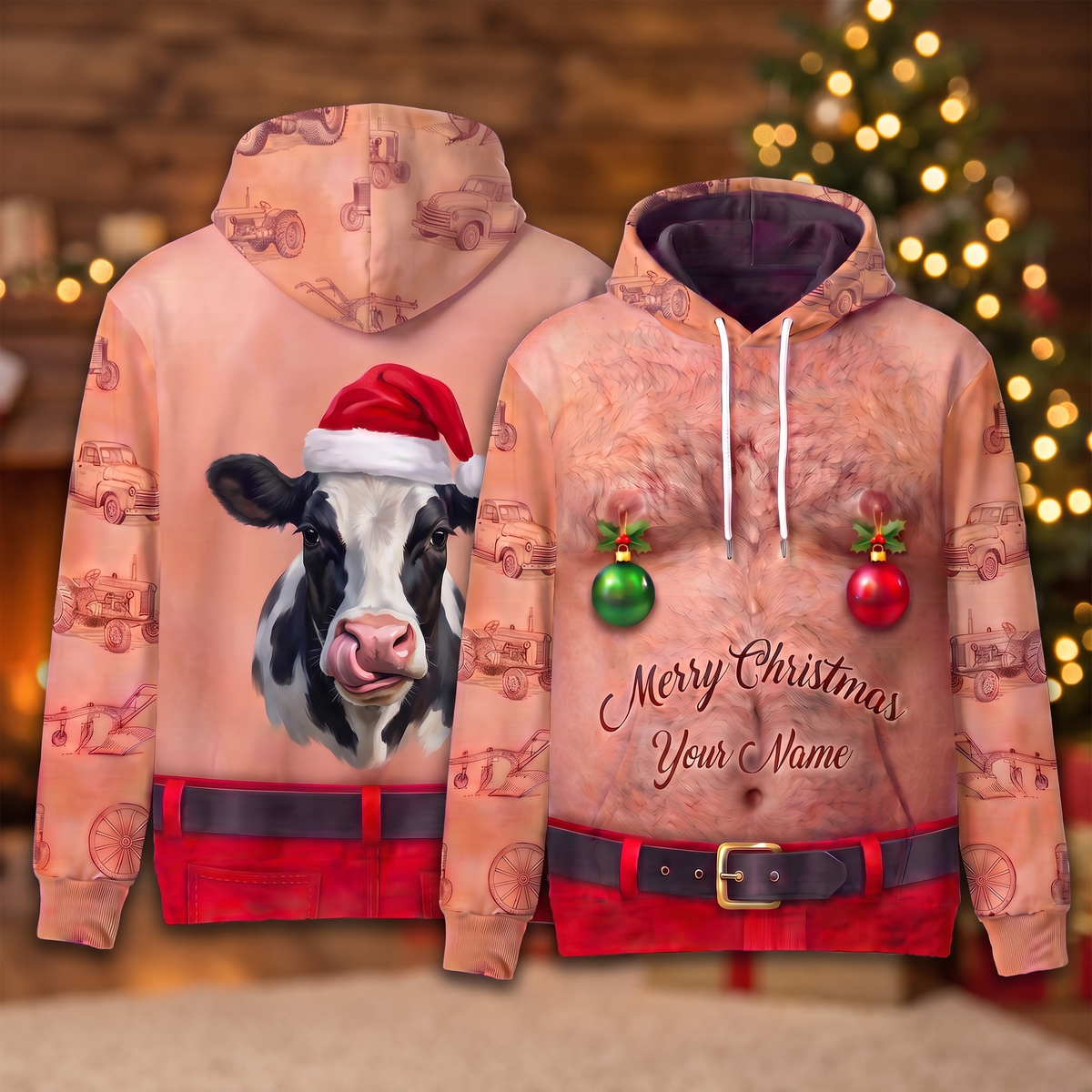 Funny Santa Holstein Cow Hairy Belly Hoodie - Custom Name Cow Christmas Hoodie