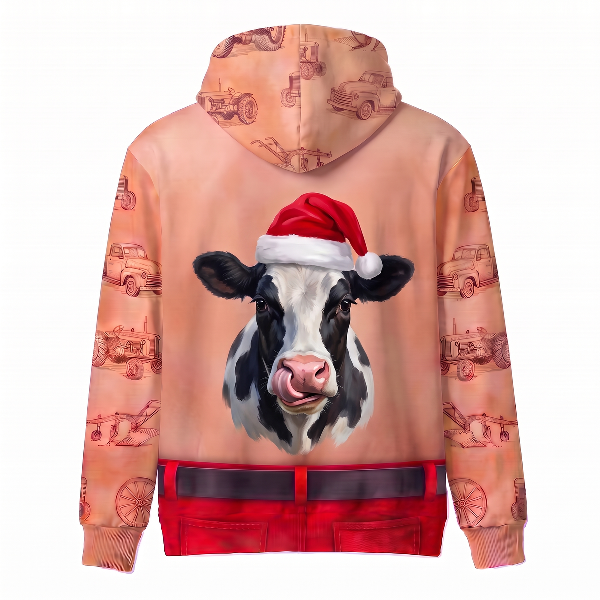 Funny Santa Holstein Cow Hairy Belly Hoodie - Custom Name Cow Christmas Hoodie