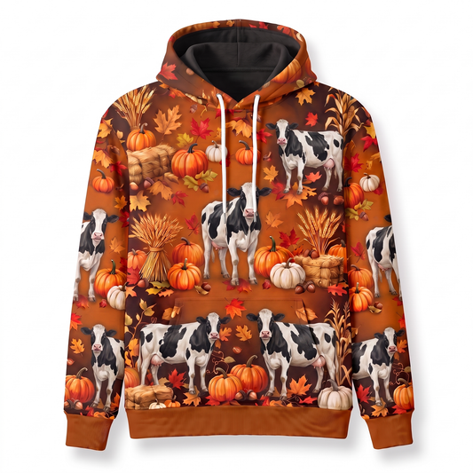 Holstein Cow Harvest Hoodie – Autumn Pumpkin Patch All-Over Print Pullover, Dairy Cow Fall Hoodie for Farm Lovers, Unisex