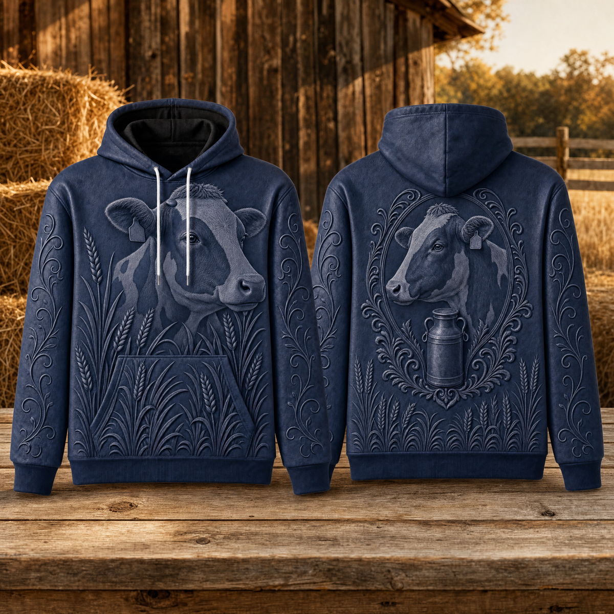 Holstein Cow Hoodie – Dairy Farm 3D Effect All-Over Print Unisex Pullover, Navy, Dairy Cow Lover Gift