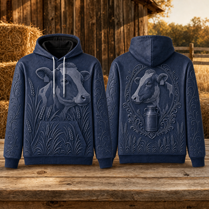 Holstein Cow Hoodie – Dairy Farm 3D Effect All-Over Print Unisex Pullover, Navy, Dairy Cow Lover Gift