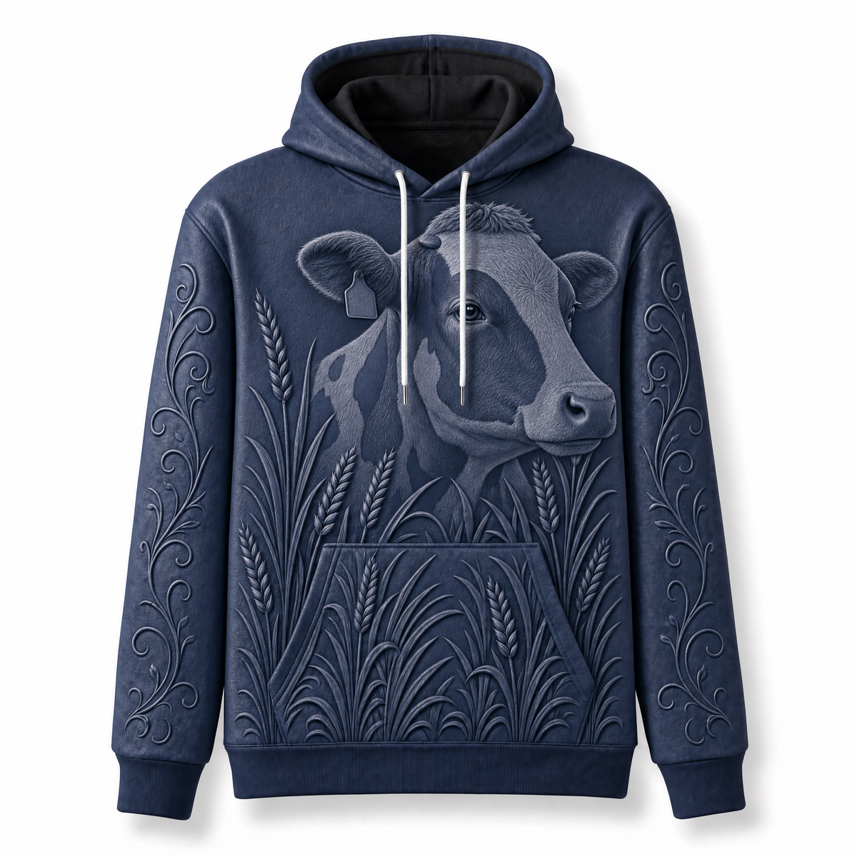 Holstein Cow Hoodie – Dairy Farm 3D Effect All-Over Print Unisex Pullover, Navy, Dairy Cow Lover Gift