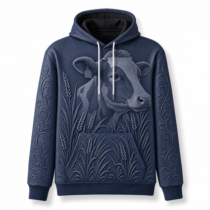 Holstein Cow Hoodie – Dairy Farm 3D Effect All-Over Print Unisex Pullover, Navy, Dairy Cow Lover Gift