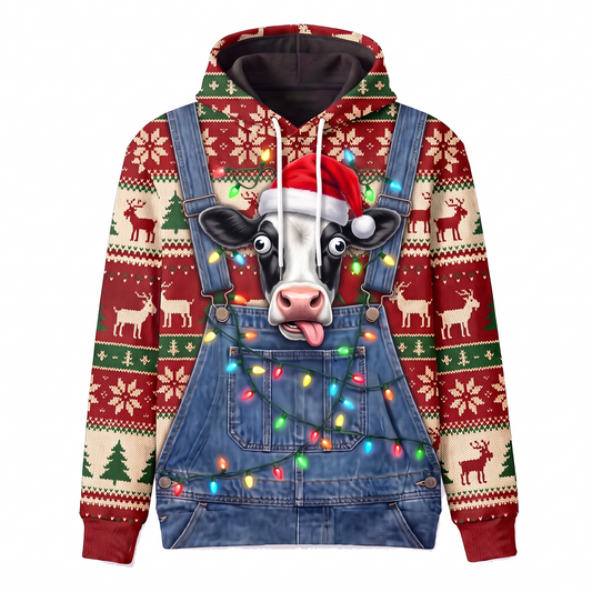 Funny Holstein Cow Christmas Hoodie - Overalls Ugly Sweater Print