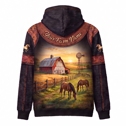 3D Print Horse Ranch Hoodie (Faux Leather Design) - Custom Name & Farm Name Western Style Hoodie