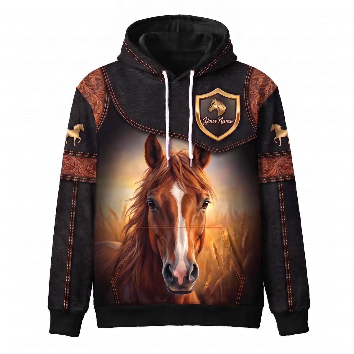 3D Print Horse Ranch Hoodie (Faux Leather Design) - Custom Name & Farm Name Western Style Hoodie