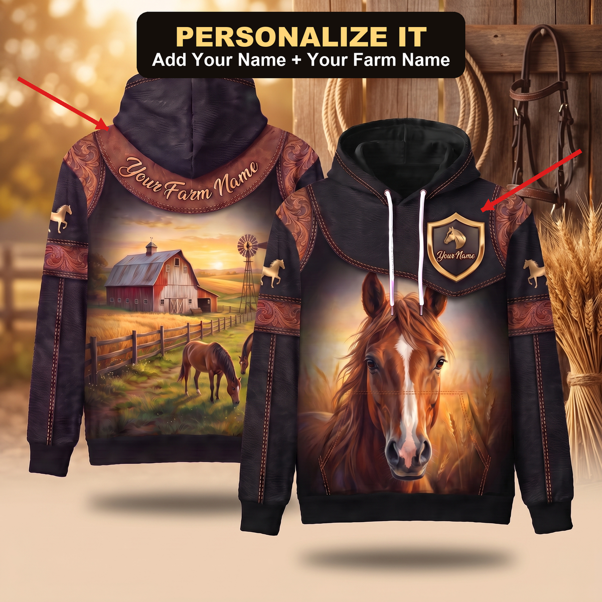 3D Print Horse Ranch Hoodie (Faux Leather Design) - Custom Name & Farm Name Western Style Hoodie