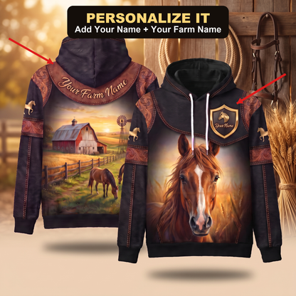 3D Print Horse Ranch Hoodie (Faux Leather Design) - Custom Name & Farm Name Western Style Hoodie