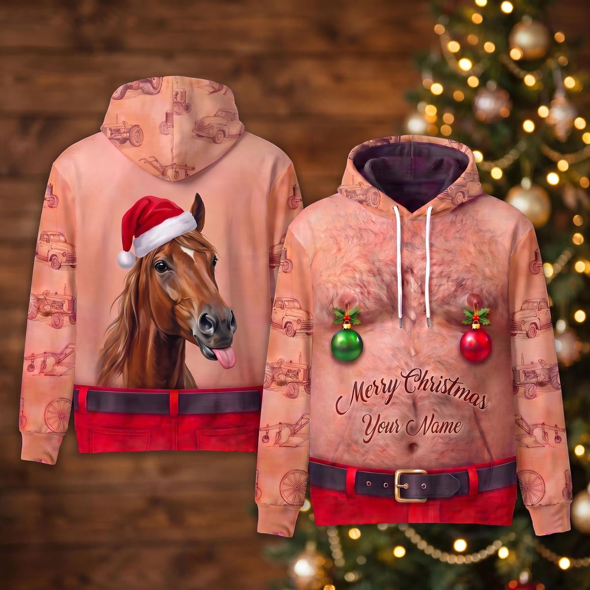 Funny Santa Horse Hairy Belly Hoodie - Custom Name Farm Horse Christmas Hoodie