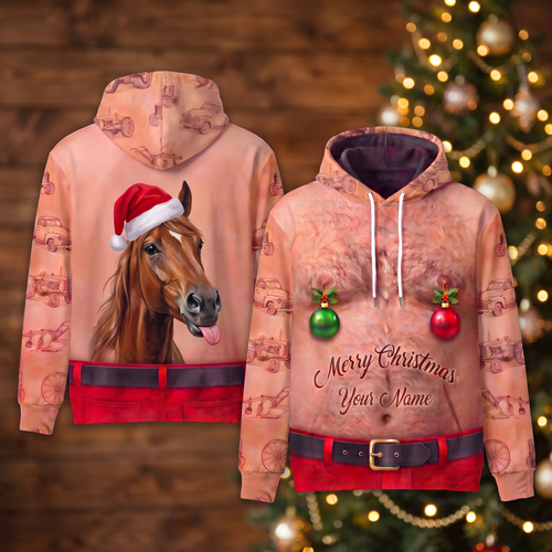 Funny Santa Horse Hairy Belly Hoodie - Custom Name Farm Horse Christmas Hoodie