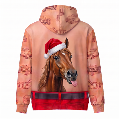 Funny Santa Horse Hairy Belly Hoodie - Custom Name Farm Horse Christmas Hoodie