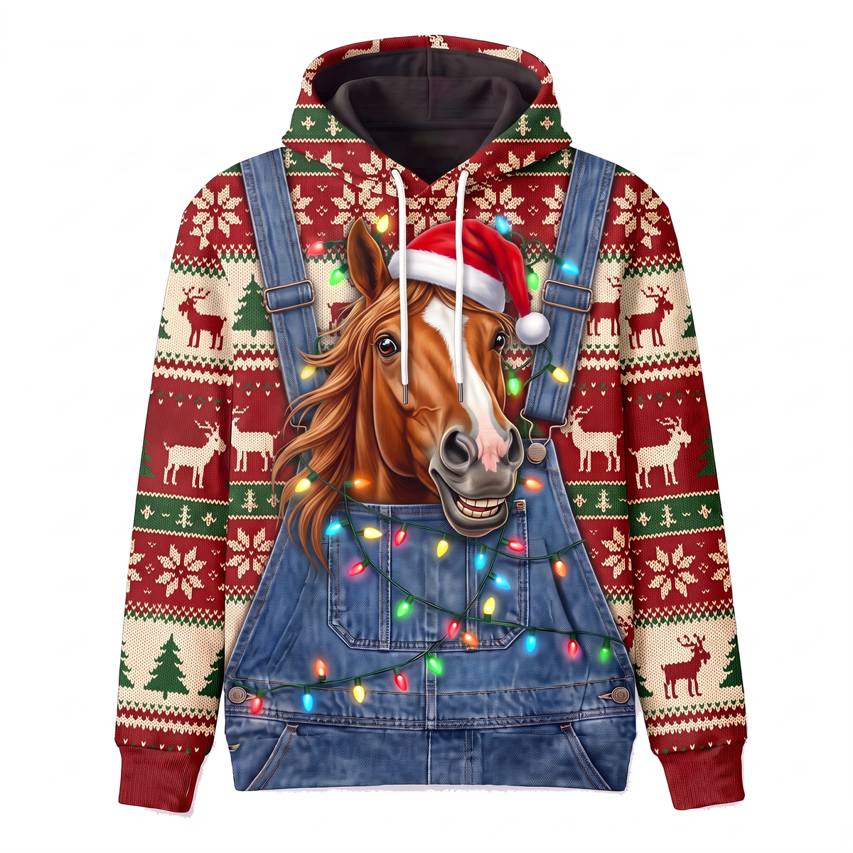 Funny Horse Christmas Hoodie - Santa Horse Overalls Ugly Christmas Sweater Style