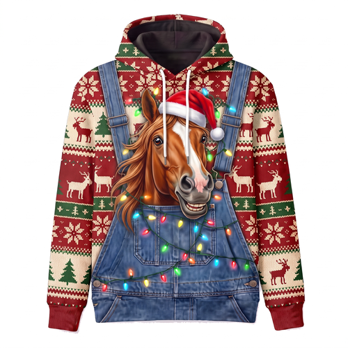 Funny Horse Christmas Hoodie - Santa Horse Overalls Ugly Christmas Sweater Style
