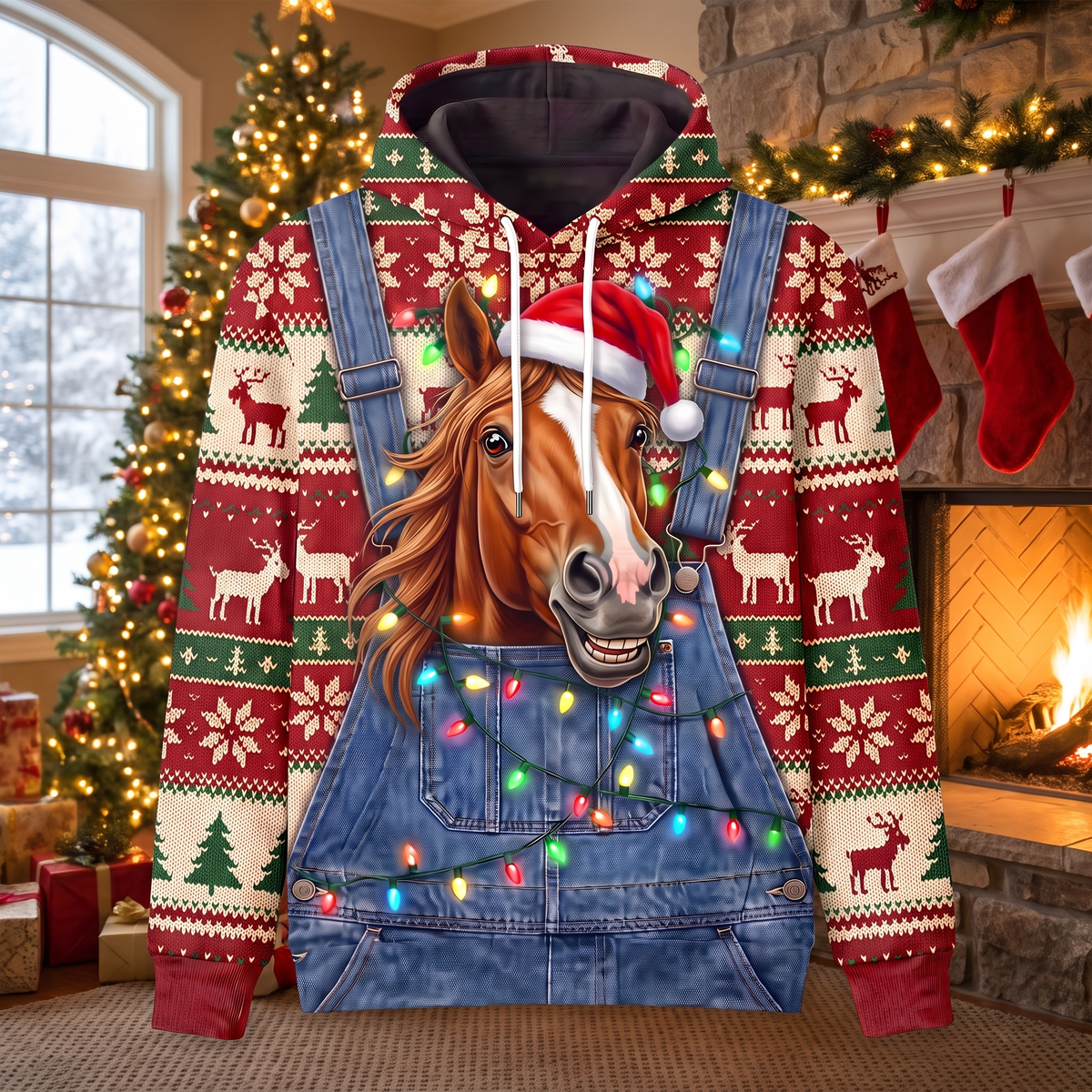 Funny Horse Christmas Hoodie - Santa Horse Overalls Ugly Christmas Sweater Style