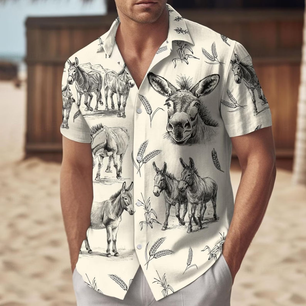 Donkey Hawaiian Shirt – Vintage Pencil Sketch Donkey Wheat Pattern Aloha Button Down | Donkey Lover Gift