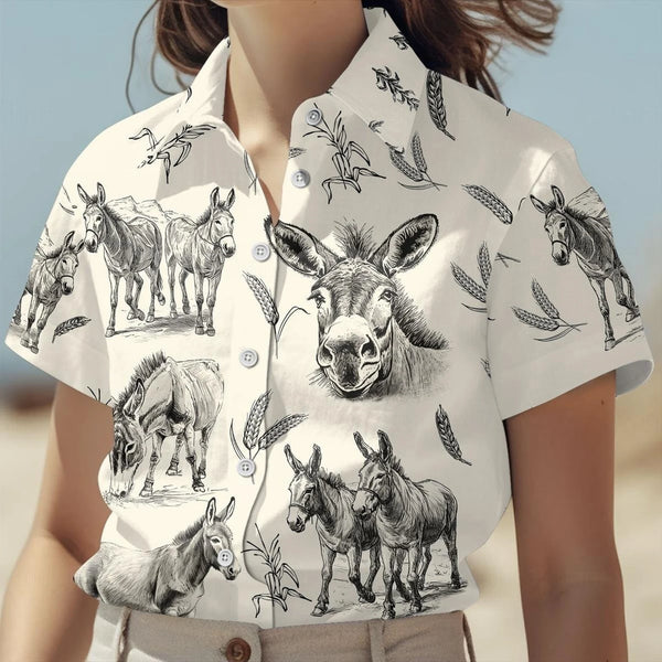 Donkey Hawaiian Shirt – Vintage Pencil Sketch Donkey Wheat Pattern Aloha Button Down | Donkey Lover Gift