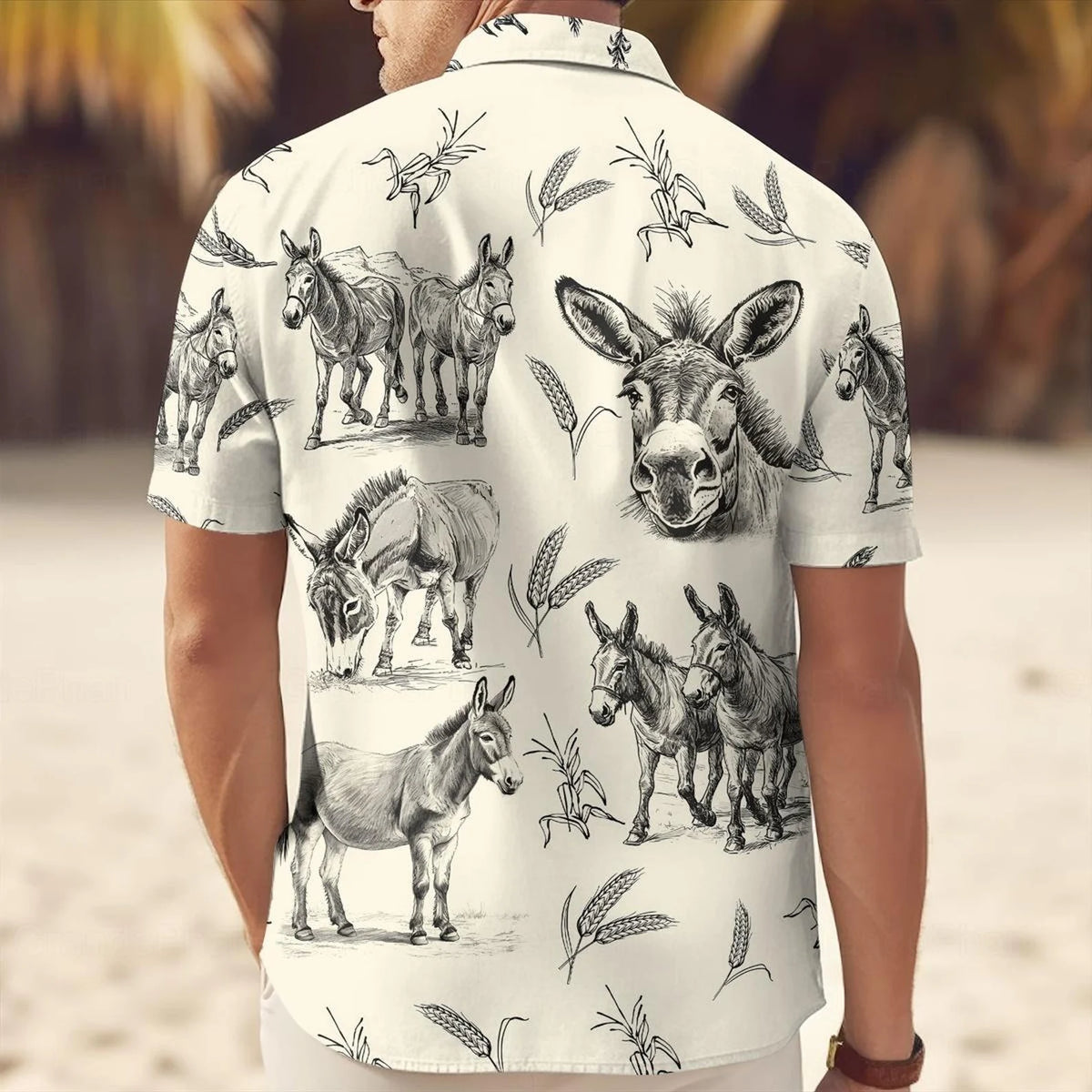 Donkey Hawaiian Shirt – Vintage Pencil Sketch Donkey Wheat Pattern Aloha Button Down | Donkey Lover Gift