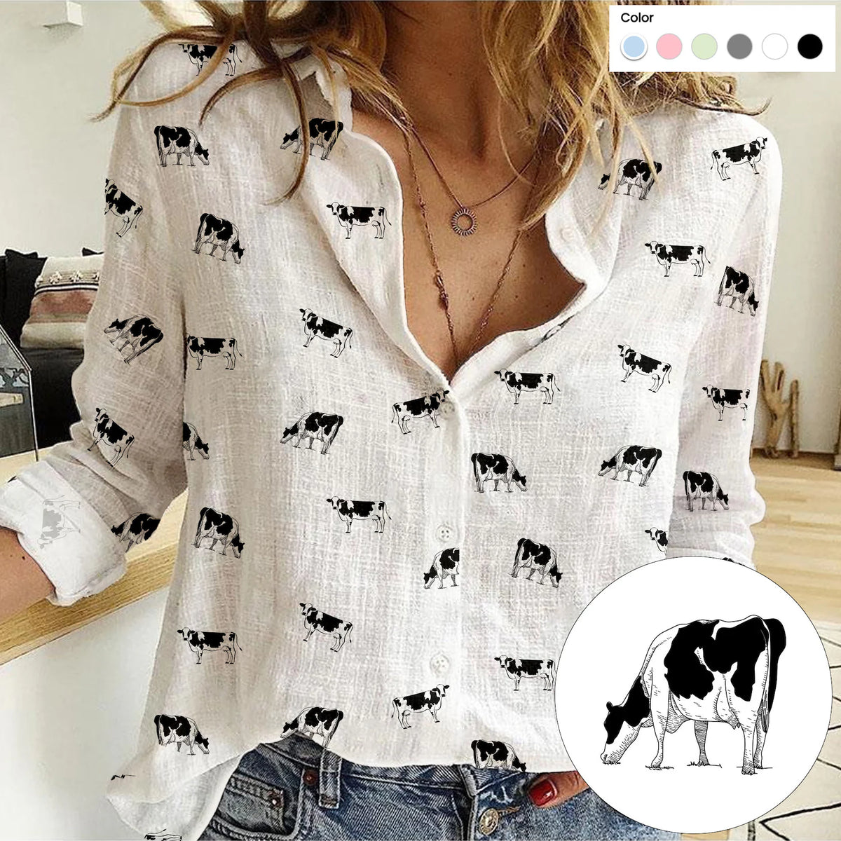 Dairy Cow Icon Pattern Women Casual Shirts For Farmers