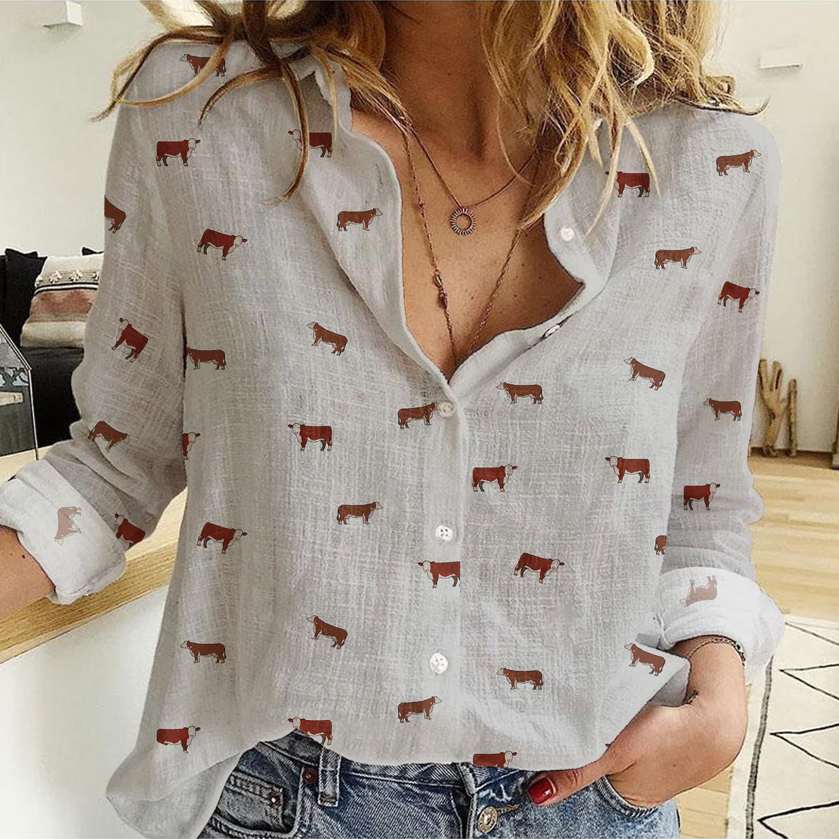 Hereford Cattle Icon Pattern Women Casual Shirts For Farmers