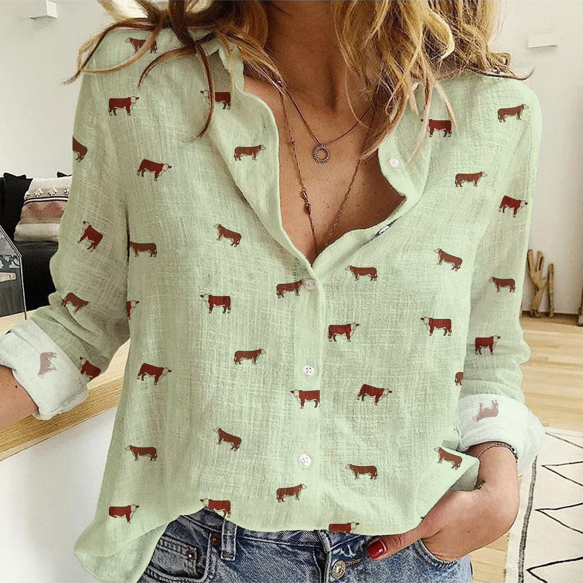 Hereford Cattle Icon Pattern Women Casual Shirts For Farmers