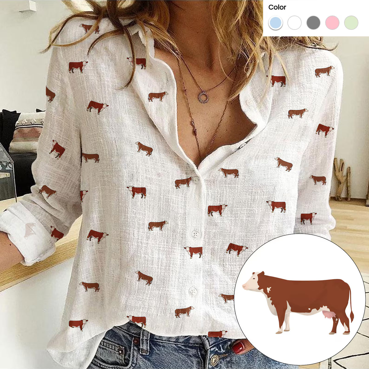 Hereford Cattle Icon Pattern Women Casual Shirts For Farmers