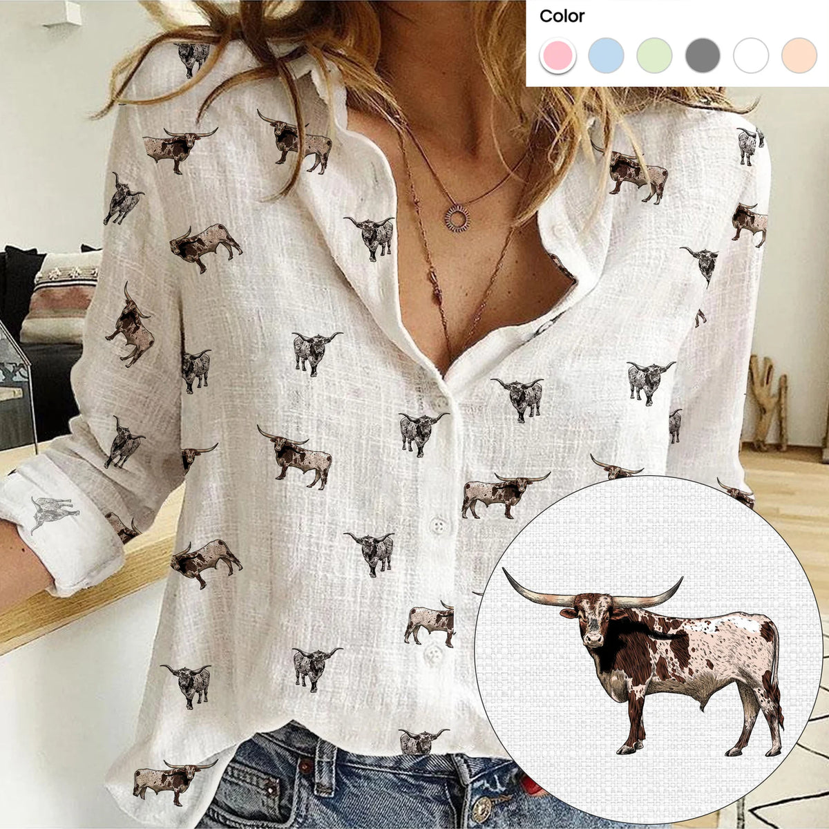 Texas Longhorn Cattle Icon Pattern Women Casual Shirts For Farmers