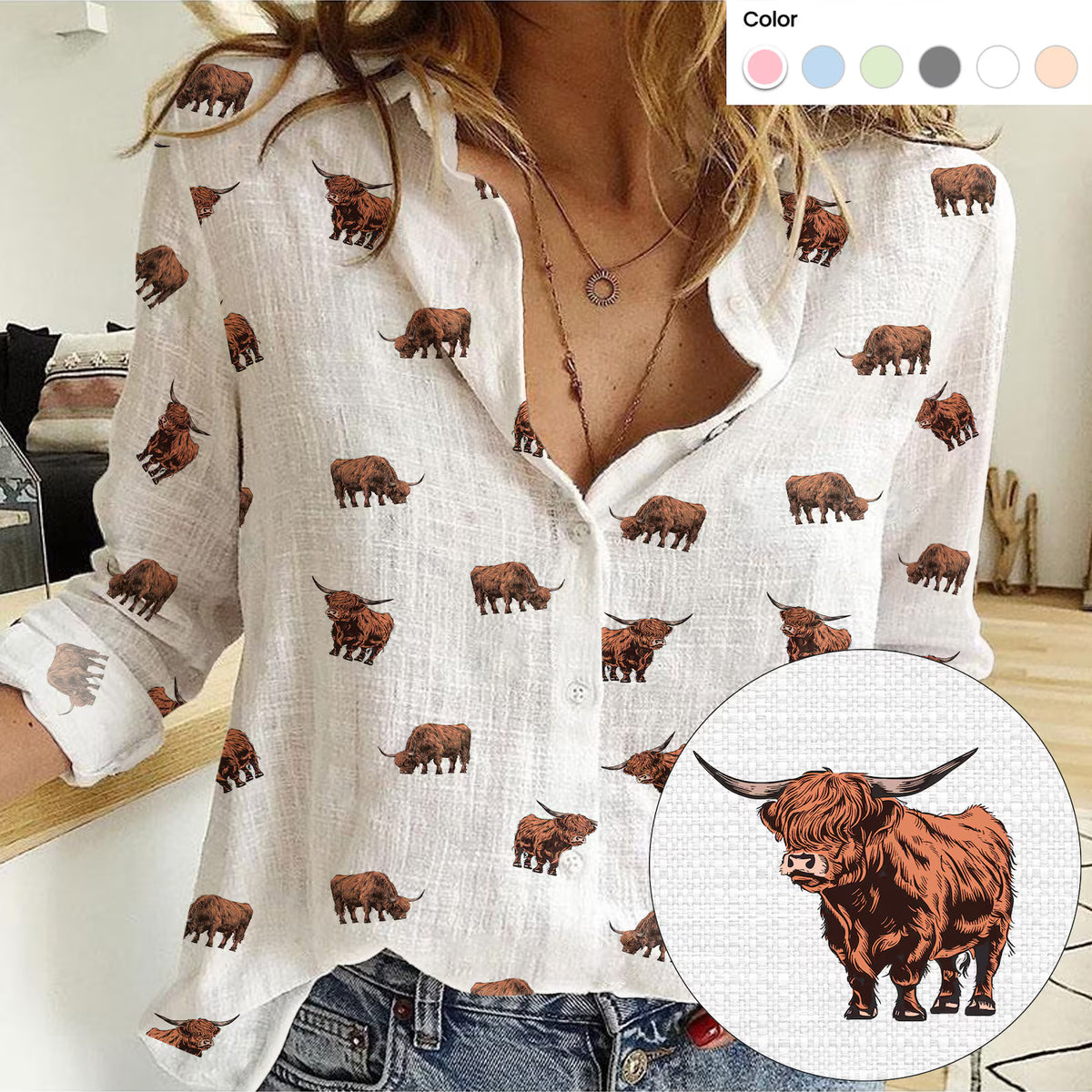 Highland Cattle Icon Pattern Women Casual Shirts For Farmers