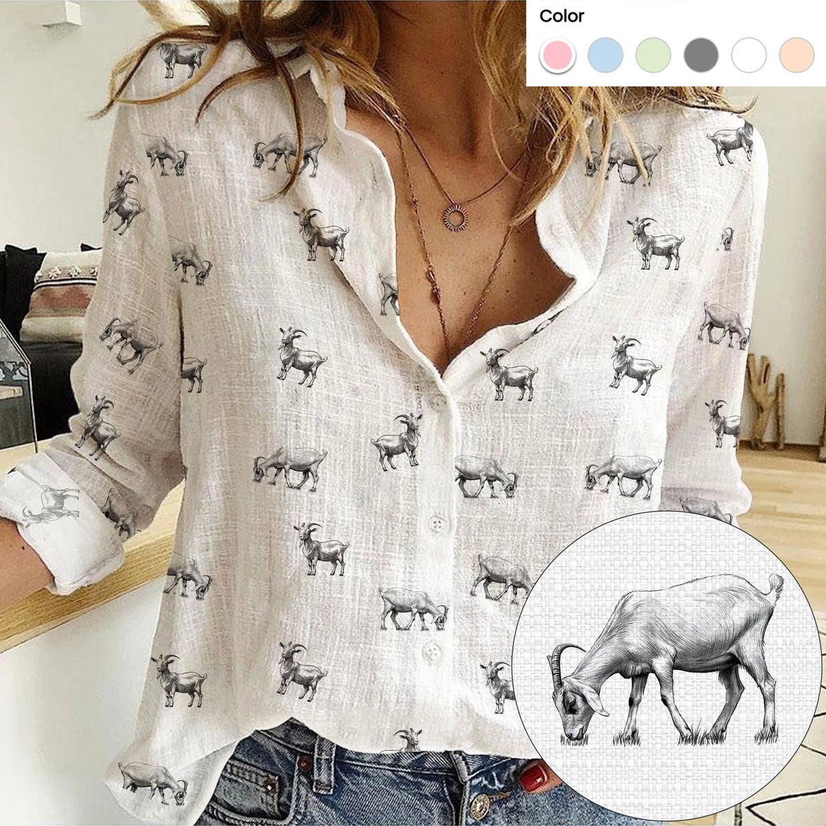 Goat Icon Pattern Women Casual Shirts For Farmers