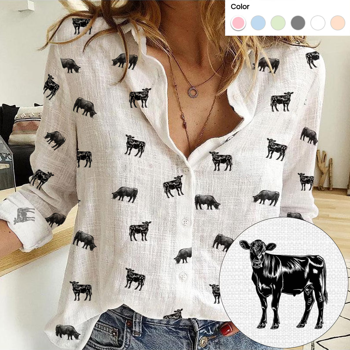 Angus Cattle Icon Pattern Women Casual Shirts For Farmers V2