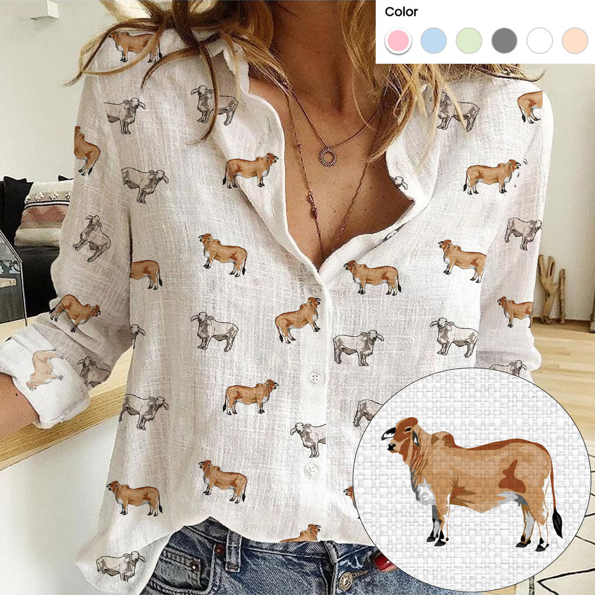 Brahman Cattle Icon Pattern Women Casual Shirts For Farmers