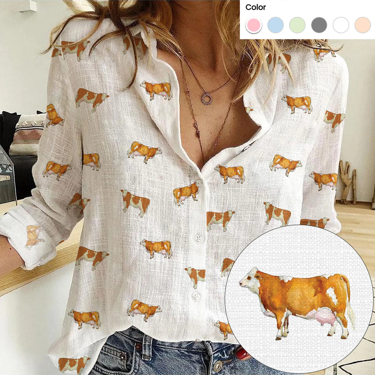 Simmental Cattle Icon Pattern Women Casual Shirts For Farmers