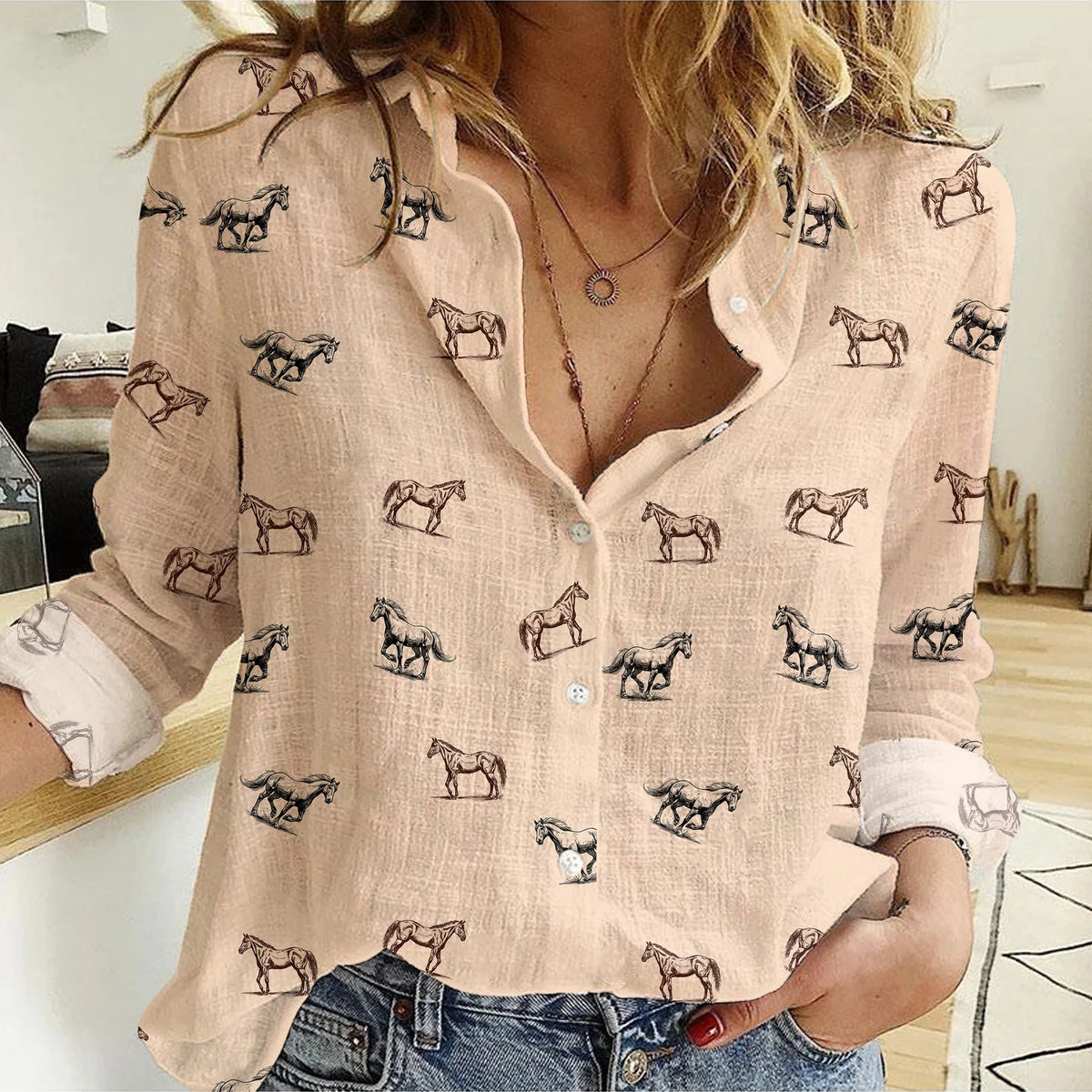 Horse Icon Pattern Women Casual Shirts For Farmers
