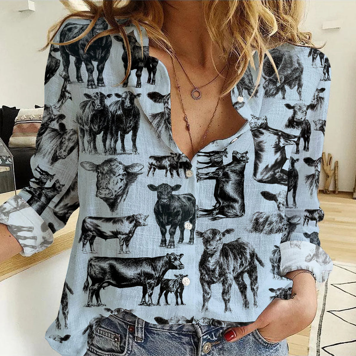 Black Angus Cattle Icon Pattern Women Casual Shirts For Farmers