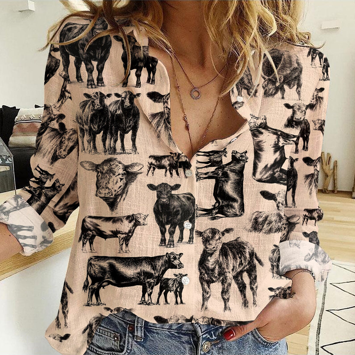 Black Angus Cattle Icon Pattern Women Casual Shirts For Farmers