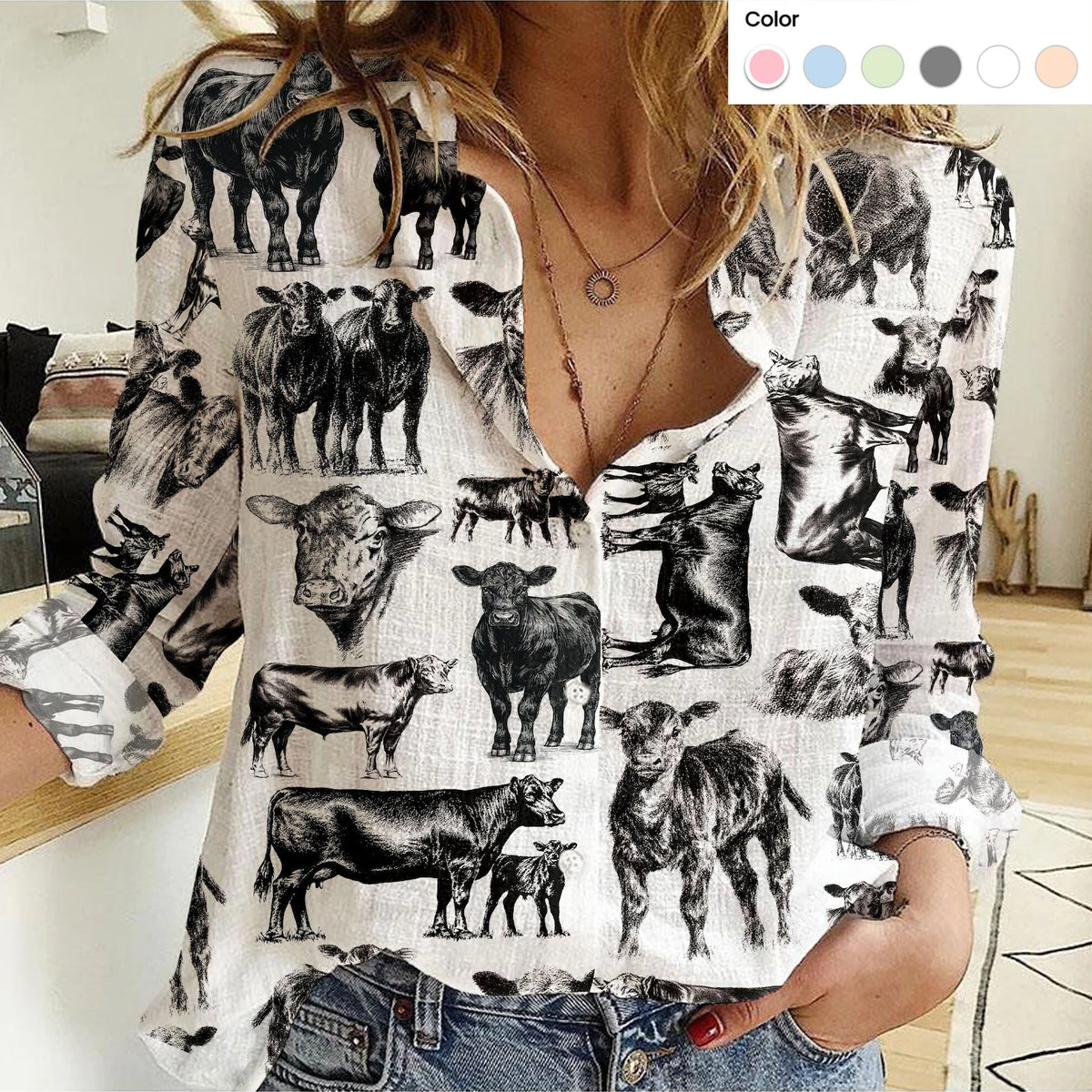 Black Angus Cattle Icon Pattern Women Casual Shirts For Farmers