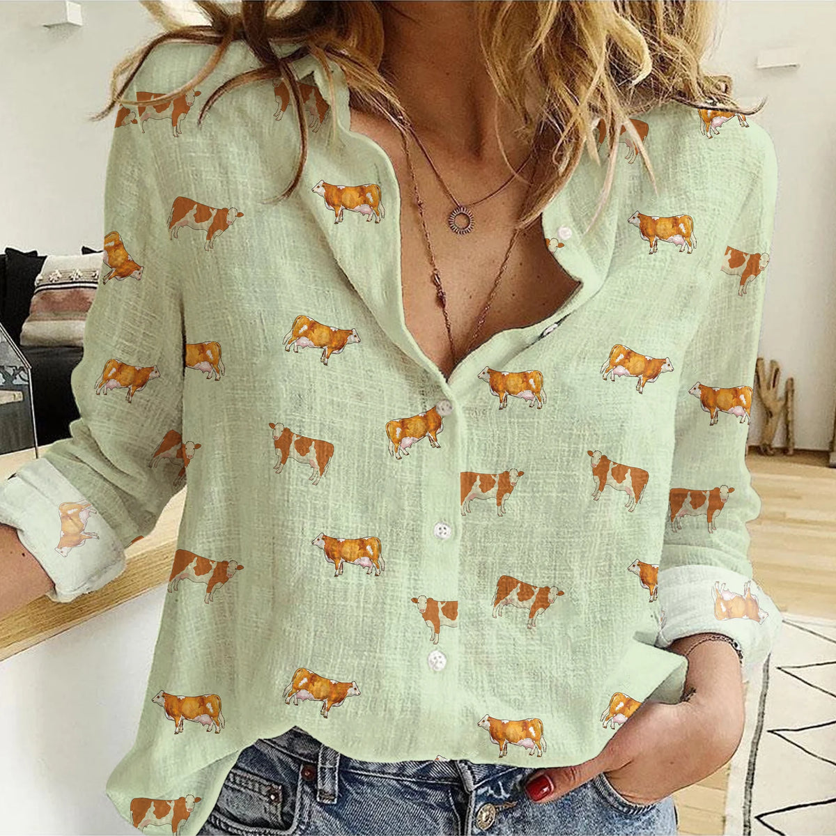 Simmental Cattle Icon Pattern Women Casual Shirts For Farmers