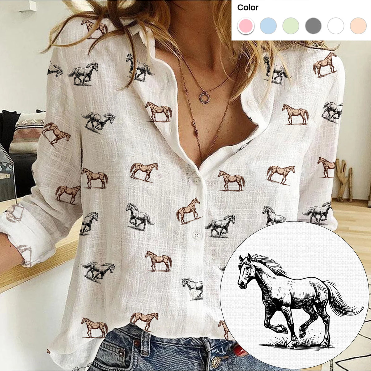 Horse Icon Pattern Women Casual Shirts For Farmers