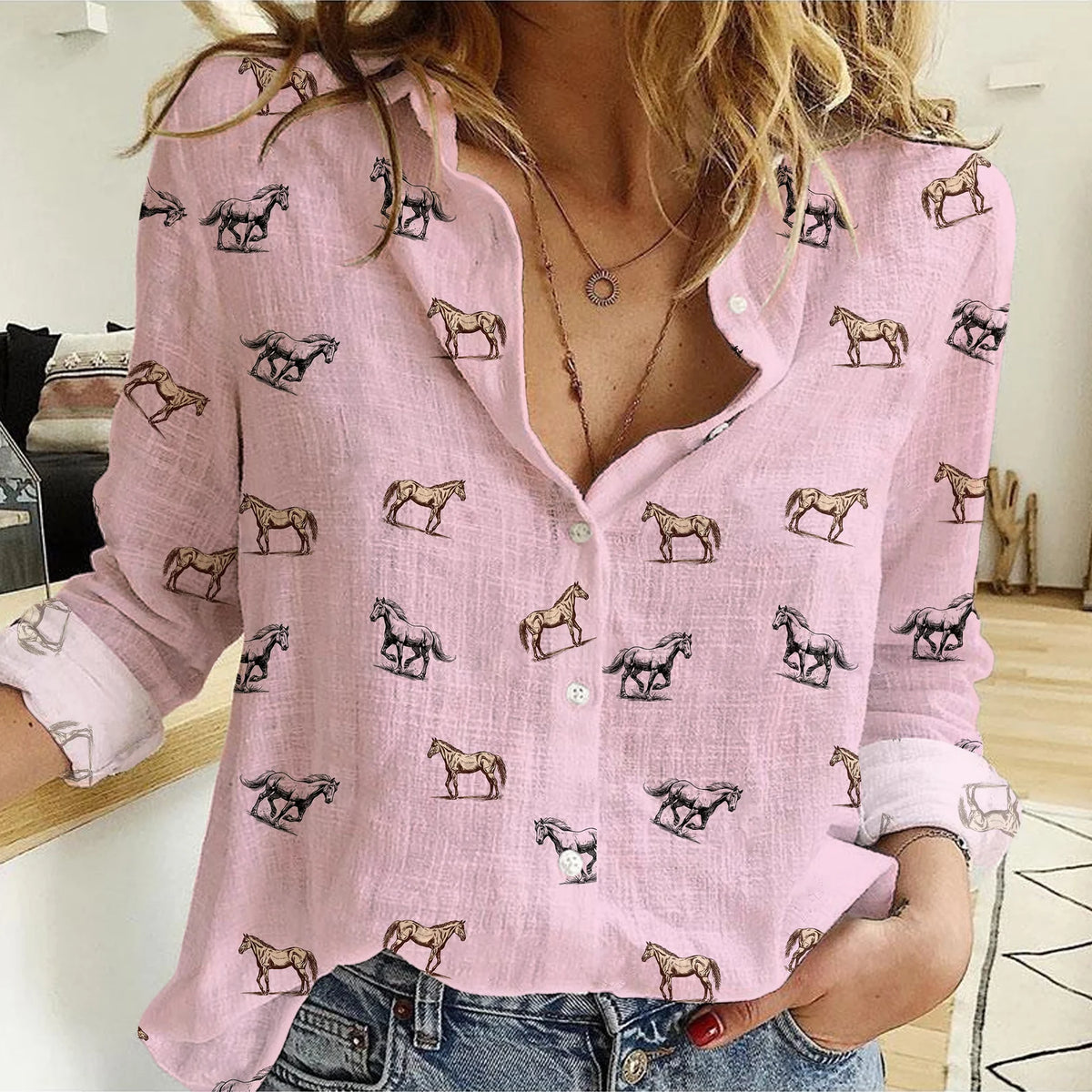 Horse Icon Pattern Women Casual Shirts For Farmers
